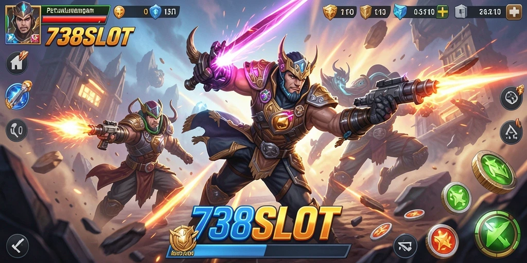 Screenshot utama menunjukkan gameplay seru 738SLOT dengan karakter aksi.