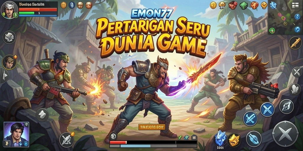 Screenshot EMON77 menampilkan aksi pertarungan seru dan karakter beragam.