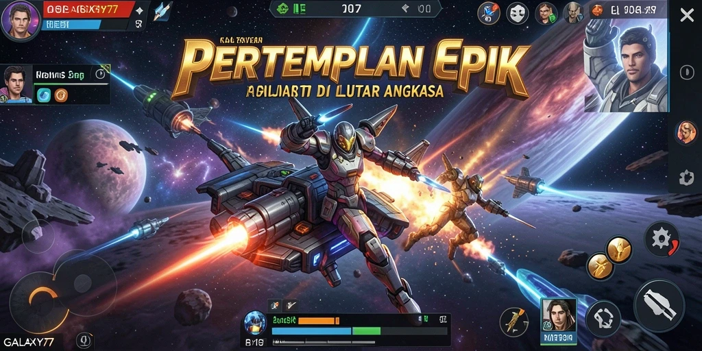 Screenshot GALAXY77 menunjukkan pertempuran luar angkasa yang mendebarkan.