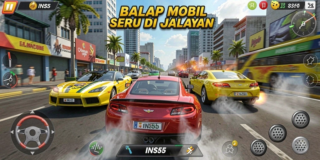 Tampilan gameplay INS55 yang mendebarkan saat balapan di jalanan.