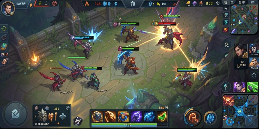 Screenshot gameplay KAKRP yang menunjukkan aksi pertempuran MOBA.