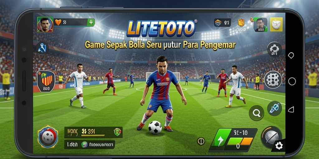 Screenshot gameplay LITETOTO menampilkan aksi seru dalam pertandingan sepak bola.