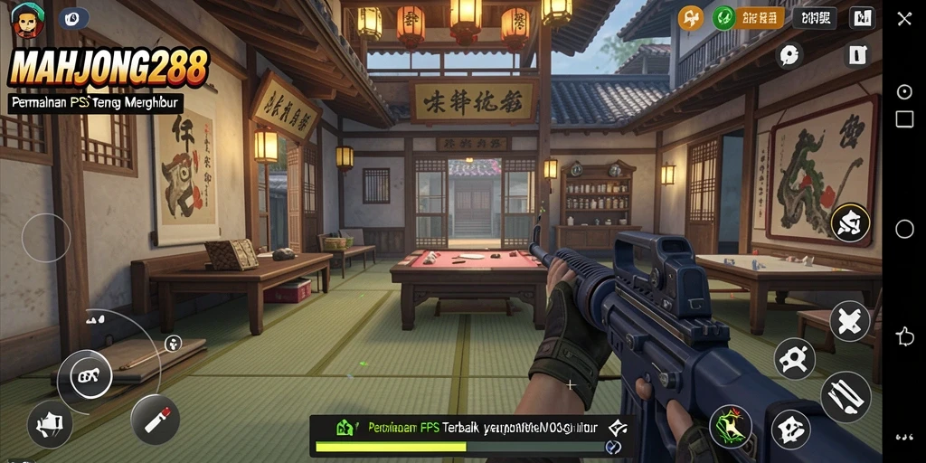 Screenshot gameplay MAHJONG288 menunjukkan aksi tembak-menembak yang intens.