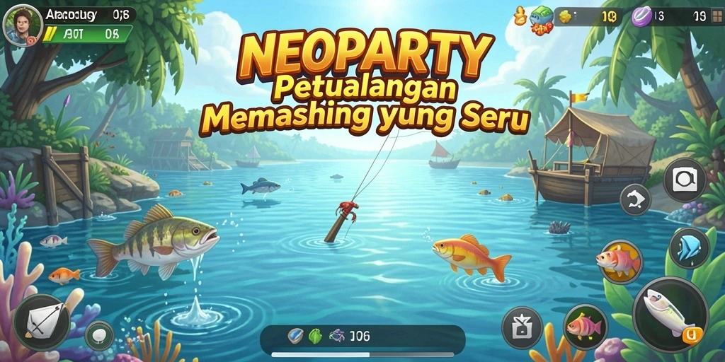 Tampilan seru gameplay NEOPARTY dengan aktivitas memancing.