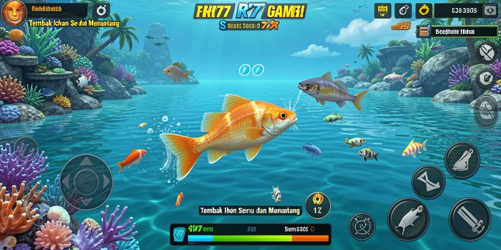 Screenshot gameplay RK77 menampilkan aksi menembak ikan yang mendebarkan.